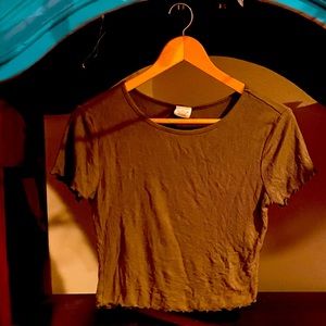 Olive green ribbed tee, lettuce edge hem